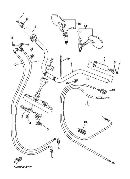Yamaha 5EL-26280-10 Rear View Mirror Assy (Left) — shown on the Steering Handle & Cable parts diagram