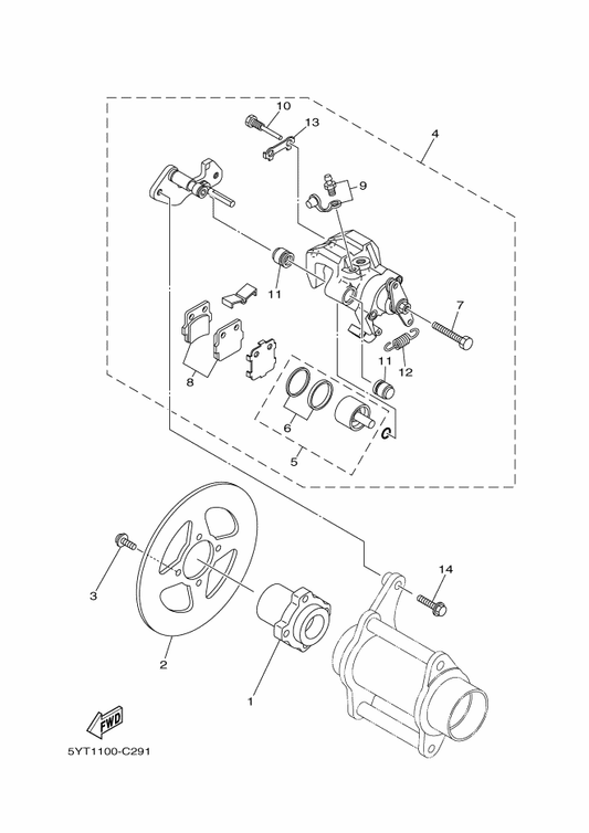 Yamaha 5YT-2580W-00 Caliper Assy, Rear 2 — shown on the Rear Brake parts diagram
