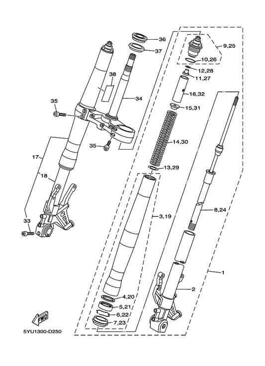Yamaha 5YU-23393-00 . Nut, Special — shown on the Front Fork parts diagram