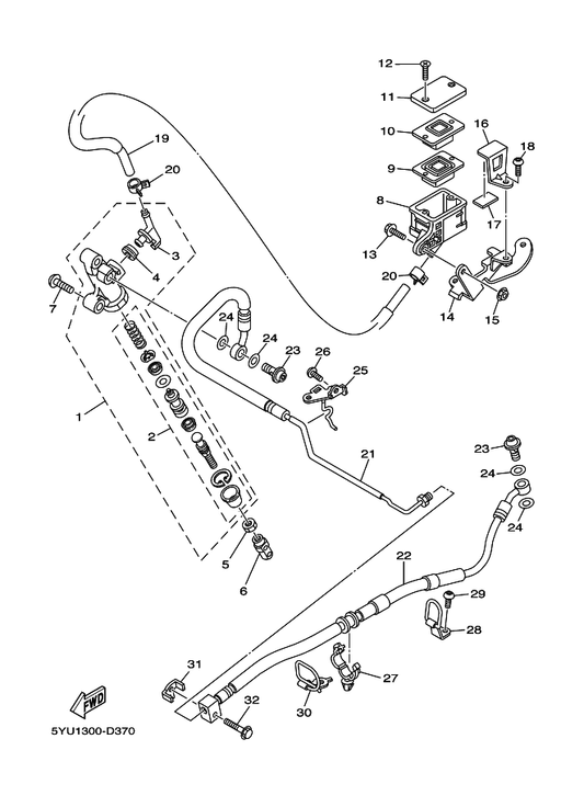 Yamaha 5YU-2581J-01 Hose, Brake 4 — shown on the Rear Master Cylinder parts diagram