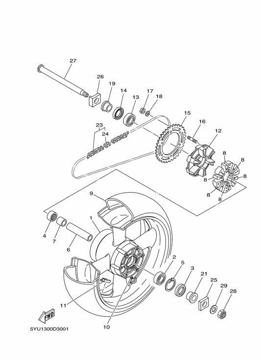 Yamaha 5YU-25338-00-98 Cast Wheel, Rear — shown on the Rear Wheel parts diagram