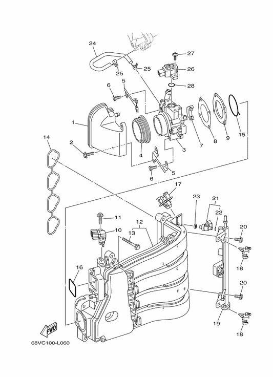 Yamaha 68V-13766-10 . Rubber, Injector — shown on the Intake 1 parts diagram