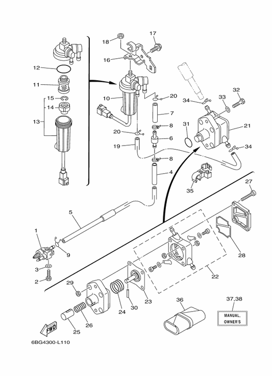 Yamaha 90445-14020 Hose (L65) — shown on the Fuel parts diagram