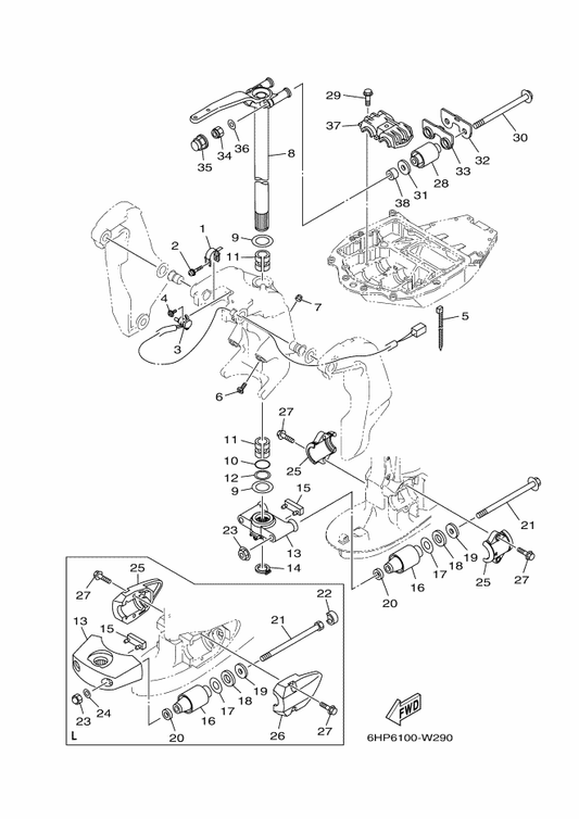 Yamaha 95604-14200 Nut, Self-Locking — shown on the Bracket 2 parts diagram