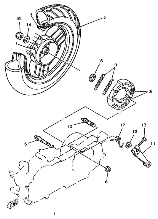 Yamaha 3KJ-25357-00 Spring, Lever Return — shown on the Rear Wheel parts diagram