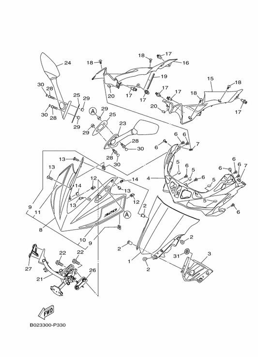 Yamaha 1WD-XF83F-40-P1 Body Cowling Sub Assy — shown on the Windshield parts diagram