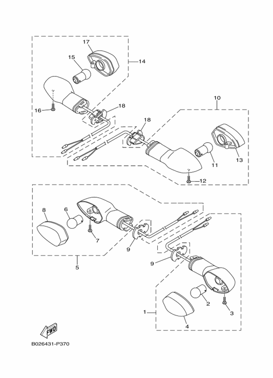 Yamaha 1WD-H3330-10 Rear Flasher Light Assy 1 — shown on the Flasher Light parts diagram