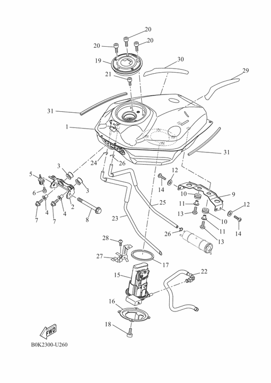Yamaha B34-2413Y-00 Bracket, Tank Fitting — shown on the Fuel Tank parts diagram