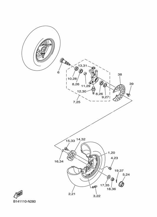 Yamaha 90201-16023 Washer, Plate — shown on the Front Wheel parts diagram