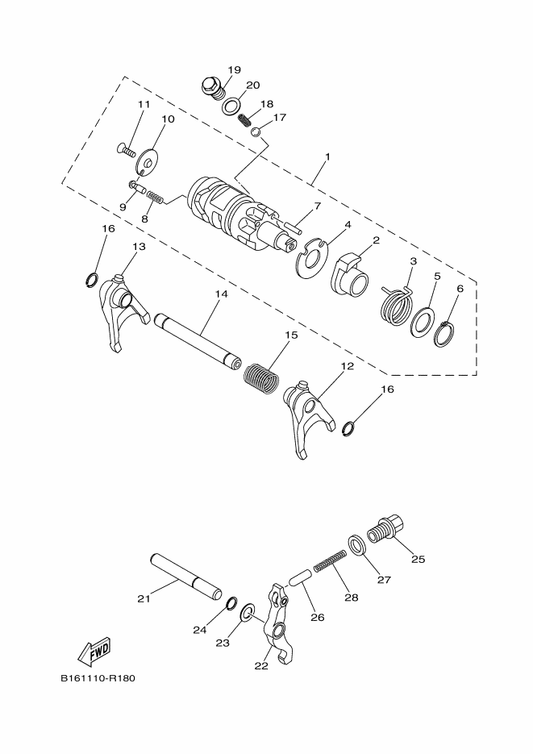 Yamaha 2MB-E8143-00 Spring — shown on the Shift Cam & Fork parts diagram