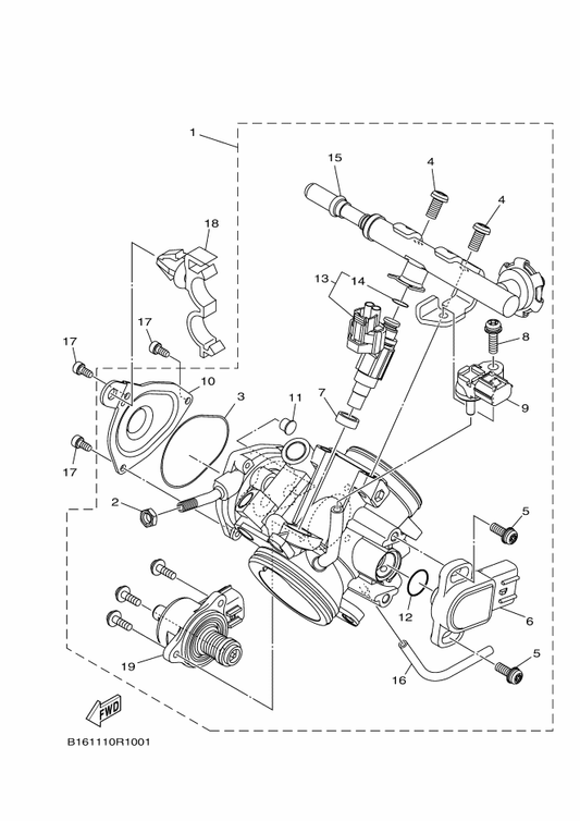 Yamaha 1XD-13761-00 . Injector — shown on the Throttle Body Assy 1 parts diagram