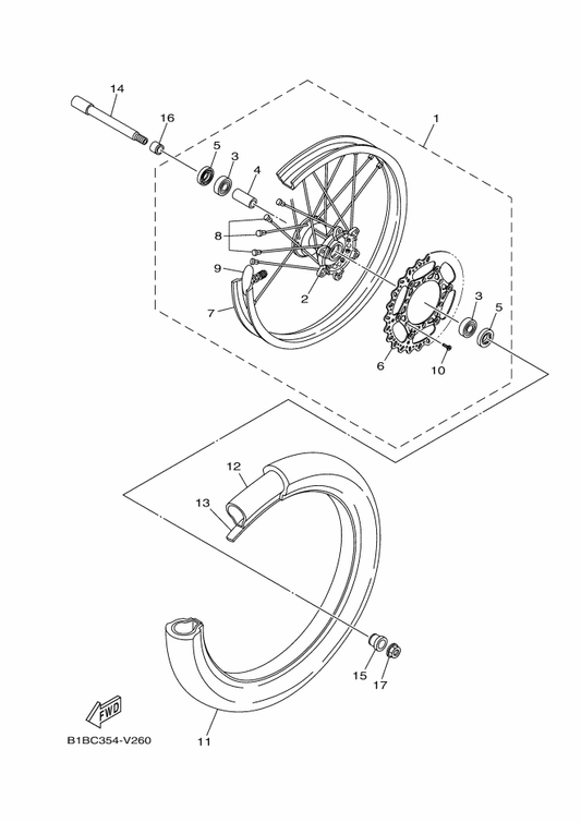 Yamaha 94108-21053 Tire (80/100-21 51M Mx52F) — shown on the Front Wheel parts diagram