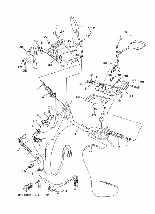 Yamaha 2D2-26281-02 Cap, Grip Upper — shown on the Steering Handle & Cable parts diagram