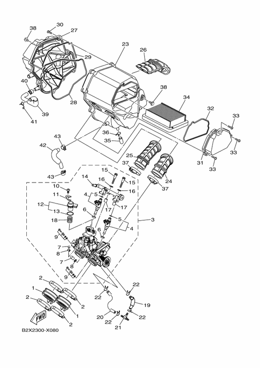 Yamaha B2X-E3750-02 Throttle Body Assy — shown on the Intake parts diagram