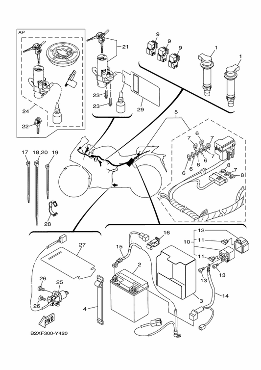 Yamaha B1X-XH250-00 Main Sw. Strg. Lock Sub Assy — shown on the Electrical 1 parts diagram