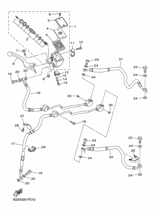 Yamaha 1TP-25886-00 Holder, Brake Hose — shown on the Front Master Cylinder parts diagram
