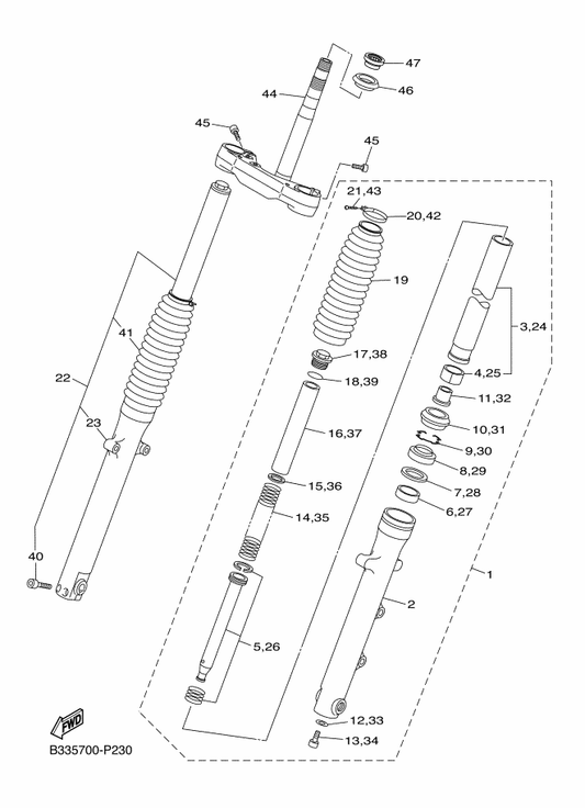 Yamaha B33-23136-00 . Tube, Outer — shown on the Front Fork parts diagram