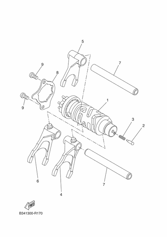 Yamaha 1WS-18511-00 Fork, Shift 1 — shown on the Shift Cam & Fork parts diagram