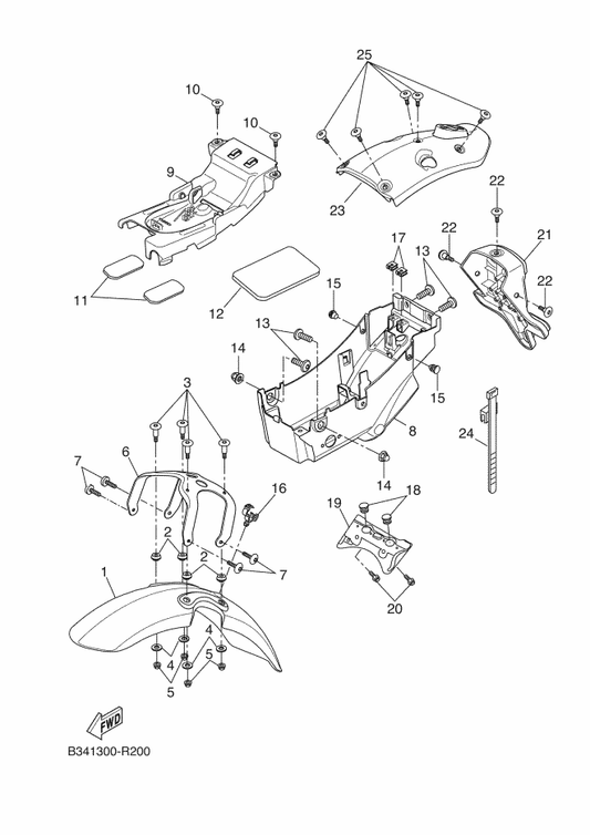 Yamaha B34-F1511-00-P1 Fender, Front — shown on the Fender parts diagram