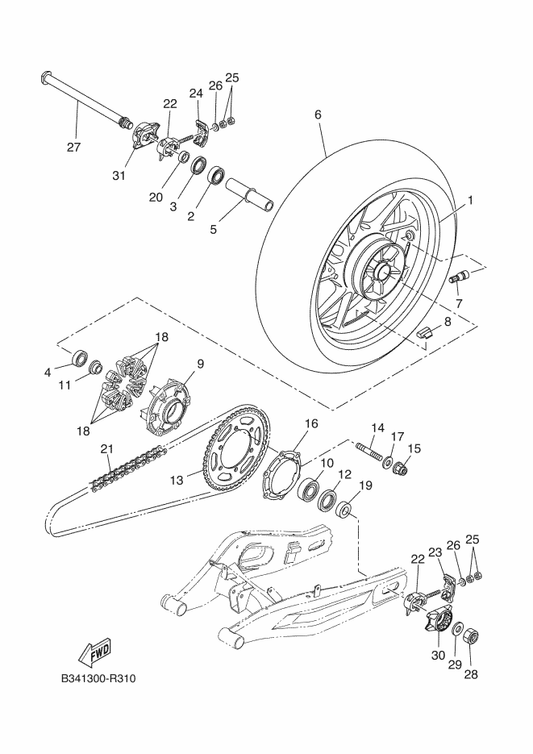 Yamaha B34-F5443-00 Sprocket, Driven (43T) — shown on the Rear Wheel parts diagram