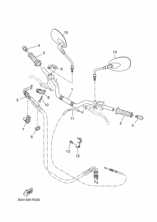Yamaha B34-F6290-00 Rear View Mirror Assy (Right) — shown on the Steering Handle & Cable parts diagram