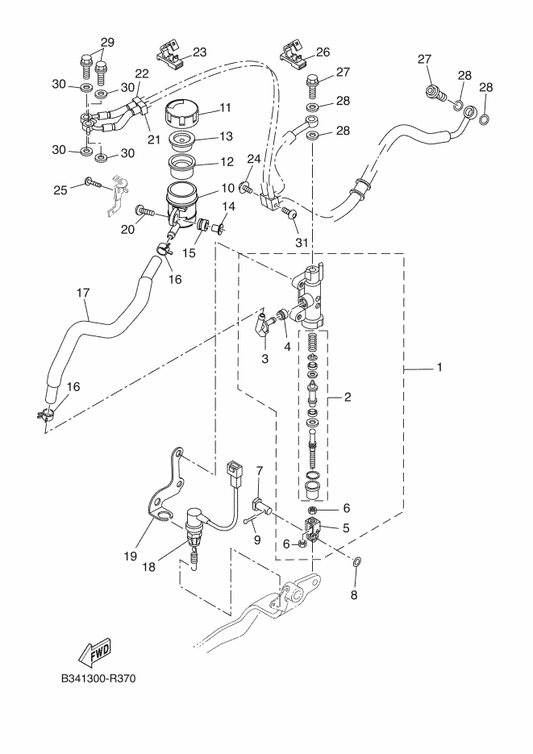 Yamaha B34-F5895-00 Hose, Reservoir — shown on the Rear Master Cylinder parts diagram