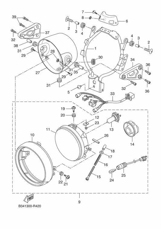 Yamaha 5PX-84334-00 . Nut, Adjusting — shown on the Headlight parts diagram
