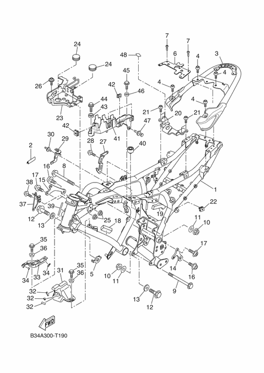 Yamaha B34-F7114-00 Stopper, Main Stand — shown on the Frame parts diagram