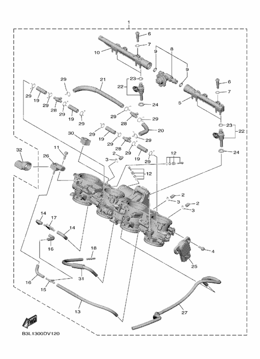 Yamaha B3L-13761-00 . Injector — shown on the Intake 2 parts diagram