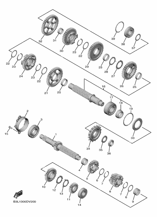 Yamaha 2CR-17460-75 Sprocket, Drive (15T) — shown on the Transmission parts diagram