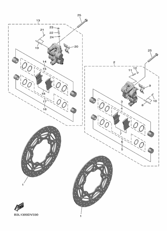 Yamaha B3L-25805-00 . Brake Pad Kit — shown on the Front Brake Caliper parts diagram