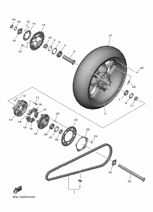 Yamaha B3L-25338-00-3X Cast Wheel, Rear — shown on the Rear Wheel parts diagram