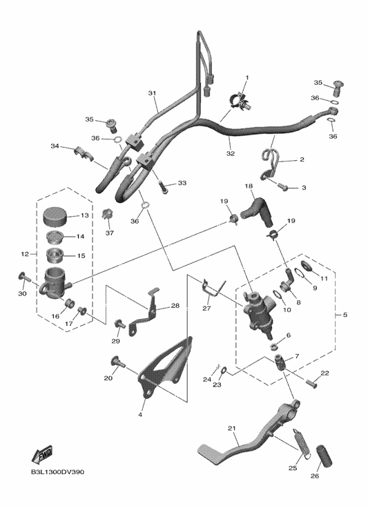 Yamaha B3L-2581K-01 Hose, Brake 5 — shown on the Rear Master Cylinder parts diagram