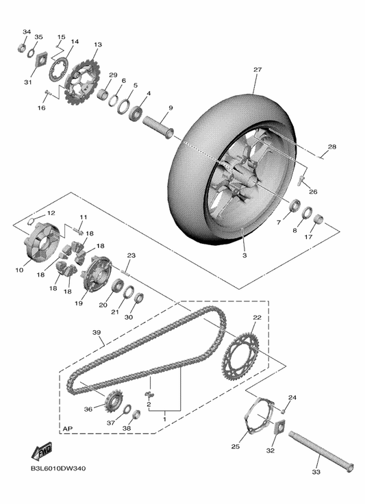 Yamaha B3L-25338-00-98 Cast Wheel, Rear — shown on the Rear Wheel parts diagram