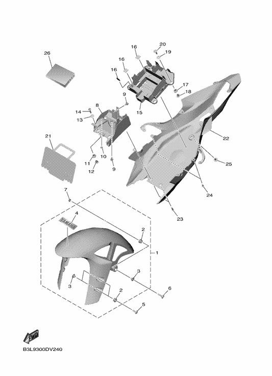 Yamaha 14B-Y2151-30-P9 Front Fender Assy — shown on the Fender parts diagram
