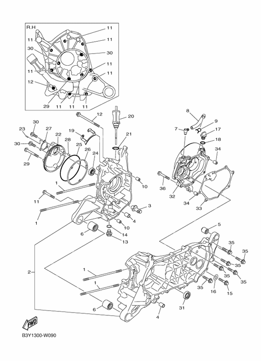 Yamaha 99480-03012 Pin — shown on the Crankcase parts diagram
