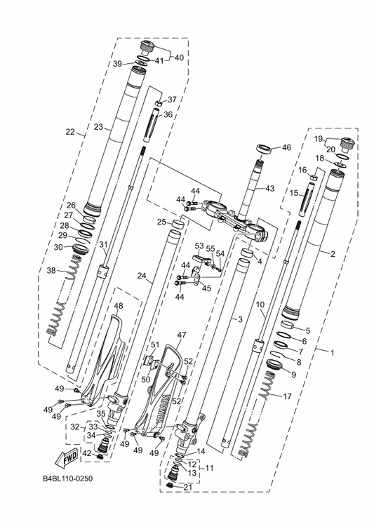 Yamaha B4B-2315H-30 Protector 1 — shown on the Front Fork parts diagram