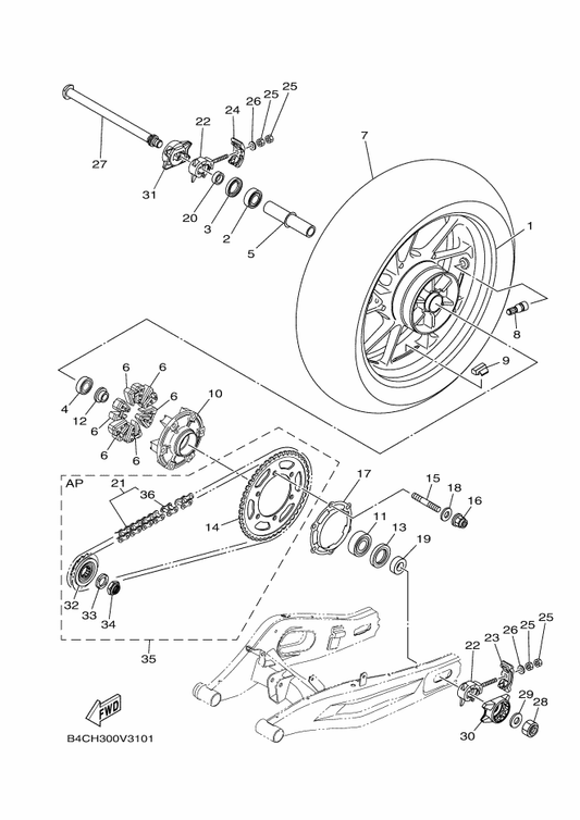 Yamaha 5SL-25364-00 Damper — shown on the Rear Wheel parts diagram
