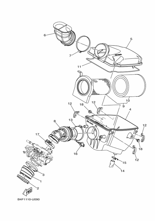 Yamaha B16-E4411-11 Case, Air Cleaner 1 — shown on the Intake parts diagram