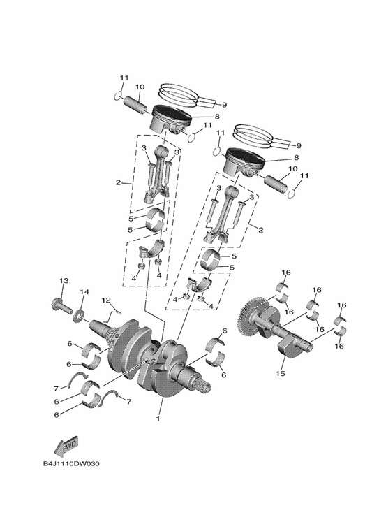 Yamaha B1R-11654-00 . Bolt, Connecting Rod — shown on the Crankshaft & Piston parts diagram