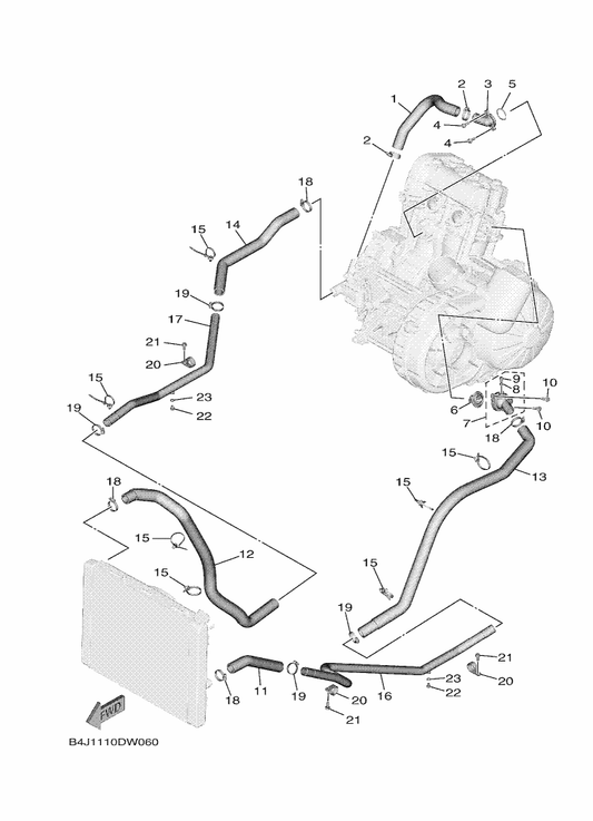 Yamaha B1R-E2551-00 Hose 7 — shown on the Water Pump parts diagram
