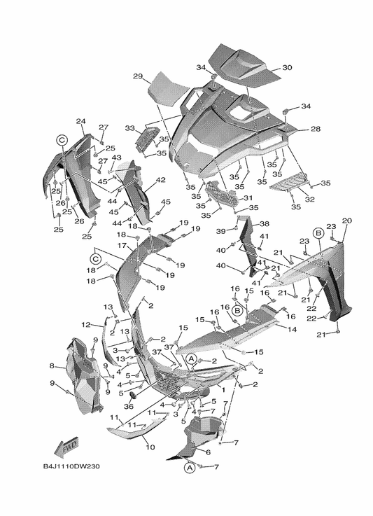 Yamaha B4J-K819L-60 Panel, Front Fender 1 — shown on the Front Fender 2 parts diagram