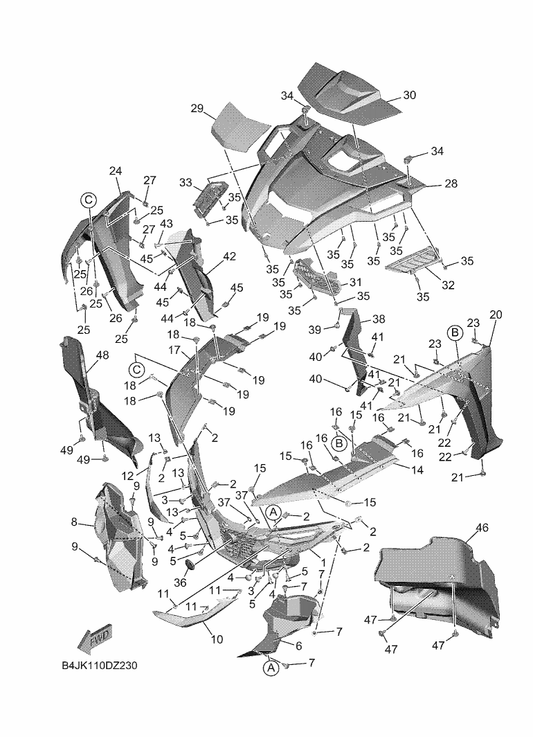 Yamaha B4J-F3131-90 Cover, Upper 2 — shown on the Front Fender 2 parts diagram