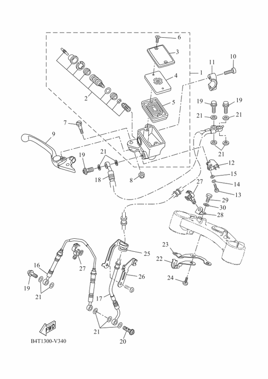 Yamaha 1XB-25886-00 Holder, Brake Hose — shown on the Front Master Cylinder parts diagram