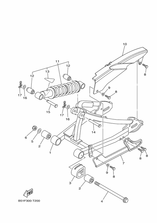 Yamaha B51-22210-20 Shock Absorber Assy, Rear — shown on the Rear Arm & Suspension parts diagram