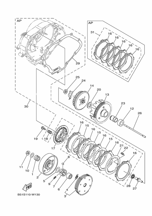 Yamaha 90179-14001 Nut — shown on the Clutch parts diagram