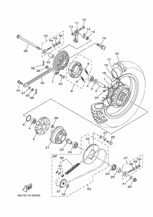 Yamaha 296-25366-01-35 Clutch, Hub — shown on the Rear Wheel parts diagram