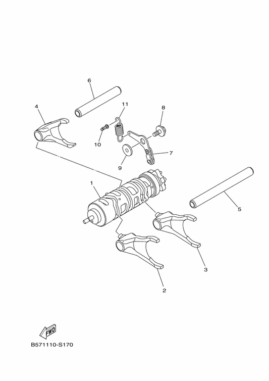 Yamaha B57-18511-00 Fork, Shift 1 — shown on the Shift Cam & Fork parts diagram