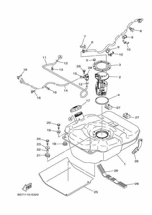 Yamaha B57-F4314-00 Pipe 4 — shown on the Fuel Tank parts diagram
