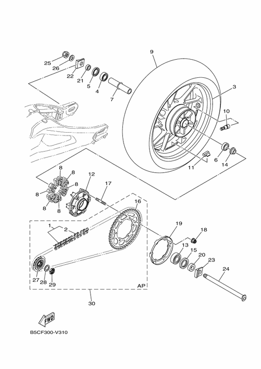 Yamaha 1RC-25381-00 Axle, Wheel — shown on the Rear Wheel parts diagram
